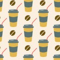 Coffee in a plastic cup with a straw and coffee beans on a light background. Vector seamless pattern in flat style Royalty Free Stock Photo