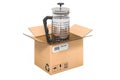 Coffee plunger inside cardboard box, delivery concept. 3D rendering