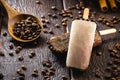 Coffee popsicle, home made sweet ice cream, Cappuccino Popsicle. Rare, gourmet ice cream Royalty Free Stock Photo