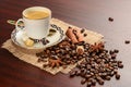 Coffee in porcelain cup on saucer with cinnamon, nutmeg and star anise on handmade jute napkin. Vintage coffee set on wood table