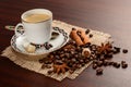 Coffee in porcelain cup on a saucer with cinnamon, nutmeg and star anise on a jute napkin. Vintage coffee set on wood table with