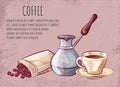 Cup of Coffee, Beans and Pot Tool, Postcard Vector