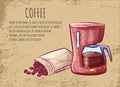 Coffee Postcard, Kettle and Beans, Java Vector