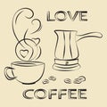 Coffee poster in line drawing style, flat vector illustration
