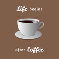 Vector poster with a cup of coffee and a funny quote `life begins after coffee` Royalty Free Stock Photo