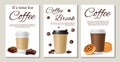 Coffee posters. Realistic vector coffee take away cookies and chocolate