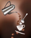 Coffee pot, beans, cup, saucer, spoon and sugar lumps