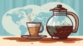coffee pot and cup of coffee on a table with world map background vector illustration Royalty Free Stock Photo
