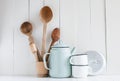 Coffee pot, enamel mugs and rustic spoons Royalty Free Stock Photo