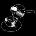 Coffee pouring from cezve to cup. Contour hand drawn sketch. White vector illustration isolated on black background. Royalty Free Stock Photo