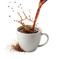 Coffee pouring into a white mug, creating a dynamic splash and spill. Royalty Free Stock Photo