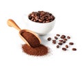 Coffee powder and beans with wooden scoop and bowl Royalty Free Stock Photo