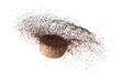 Coffee powder fall down pour in wooden bowl, Coffee crushed float explode, abstract cloud fly. Coffee dust powder splash throwing