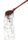 Coffee powder fall down pour in wooden spoon, Coffee crushed float explode, abstract cloud fly. Coffee dust powder splash throwing