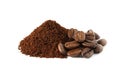 Coffee powder ground coffee beans and coffee beans isolated on the white background Royalty Free Stock Photo