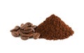 Coffee powder ground coffee beans and coffee beans isolated on the white background Royalty Free Stock Photo