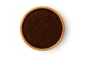 Coffee powder in wooden bowl on white background