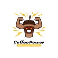 Coffee power gym logo, coffee cup with strong big arm muscle logo icon mascot illustration