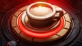 A coffee power modern banner with a cup top view and a mug with hot beverage standing on the red switch at maximum level