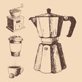 Coffee production hand drawn beans vintage drawing drink retro cafe collection sketch dessert vector illustration.