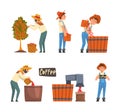Coffee Production with Man Farmer Picking Berry in Basket and Sorting Them Vector Set