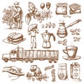 Coffee production vector plantation farmer picking coffeine beans on tree and vintage drawing drink retro cafe