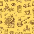 Coffee production vector plantation farmer picking coffeine beans on tree and vintage drawing drink retro cafe