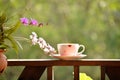 Coffee on rail with orchid flower on terrace Royalty Free Stock Photo