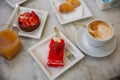 coffee and red velvet cake with strawberry Royalty Free Stock Photo