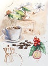 Watercolor painted illustration of coffee beverages