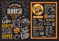 Coffee restaurant menu. Vector drink flyer for bar and cafe. Design template on blackboard background with vintage hand-drawn foo