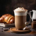 Rich and Creamy Coffee in Tall Mug with Croissants