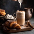 Rich and Creamy Coffee in Tall Mug with Croissants