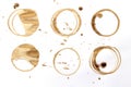 Coffee ring, brown stains, coffee cup marks on white background Royalty Free Stock Photo