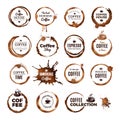 Coffee rings badges. Labels with dirty circles from tea or coffee cup restaurant logo template