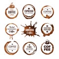 Coffee rings labels. Badges design with circles from tea or coffee espresso mocha cup vector template with place for Royalty Free Stock Photo