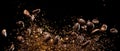 Coffee roasted bean ground fly explosion, Coffee crushed ground float pouring mix with beans. Roasted Coffee bean powder ground Royalty Free Stock Photo