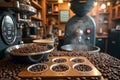 Coffee roastery with beans and equipment in rustic cafe interior Royalty Free Stock Photo
