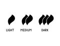 Coffee Roasting Levels for packaging design. Silhouette icon of curved flame symbol with lettering. Light, medium, dark text.