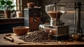 Coffee Roasting Setup with Freshly Roasted Beans, Grinder, and Precision Scales Royalty Free Stock Photo