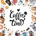 Coffee round frame, copy space. Cartoon style design with Coffee Theme objects, hand written lettering Coffee Time. Vector Royalty Free Stock Photo
