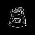 Coffee sack white chalk on black chalkboard illustration. White chalk burlap sack.