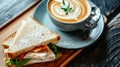 Coffee, Sandwiches, and Latte Art: A Scrumptious Breakfast and Lunch Delight! Food Concept in Vibran Royalty Free Stock Photo