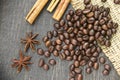 Coffee scattered on wooden background Royalty Free Stock Photo