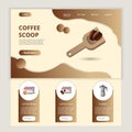 Coffee scoop flat landing page website template. Coffee beans, cappuccino, moka pot. Web banner with header, content and