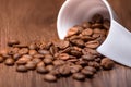 Coffee scoop or measure with coffee beans on wood background Royalty Free Stock Photo