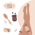 Coffee scrub concept. Woman exfoliating legs with massage gloves.