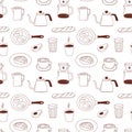 Coffee seamless pattern with cappuccino, cups, coffee pot, milk, croissant, eggs, bread and avocado. Royalty Free Stock Photo