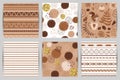Coffee background seamless pattern set. Brown pattern with hand drawn round gold elements Fabric