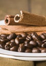 Coffee seeds and cinnamon Royalty Free Stock Photo